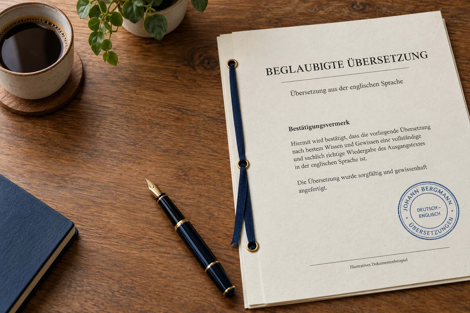 Illustratives Beispiel einer gebundenen Übersetzung mit blauem Übersetzerstempel