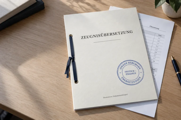 Illustratives Beispiel einer Zeugnisübersetzung mit blauem Stempel
