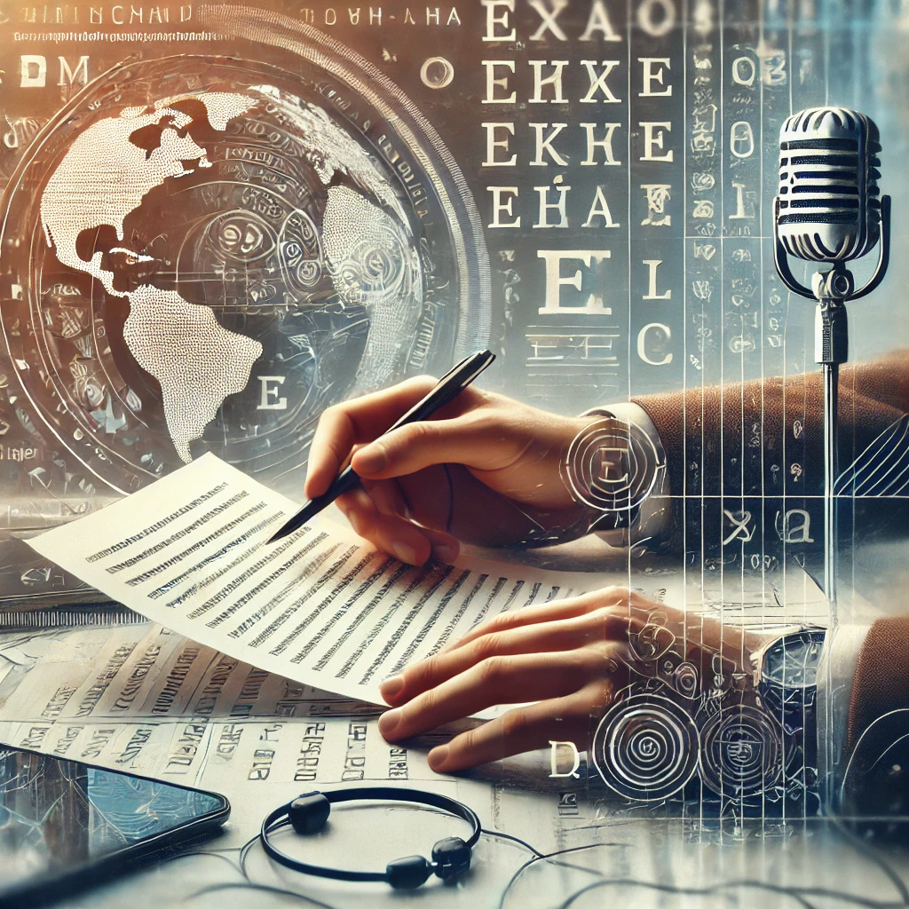 DALL·E 2024-11-08 14.35.42 – A visually striking, abstract promotional image for a corporate translation website. Depict a modern workspace with elements symbolizing communication