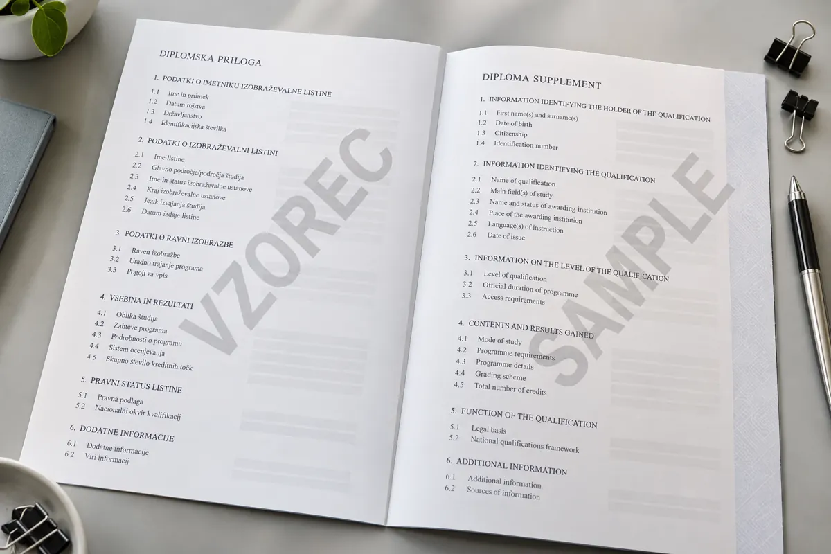 Ilustrativni vzorec za prevod dodatka oziroma priloge k diplomi, označen VZOREC