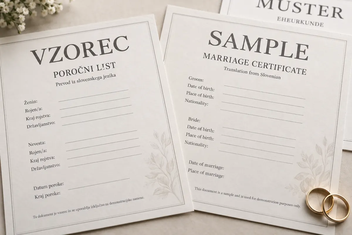 Ilustrativni vzorec za prevod poročnega lista, označen VZOREC