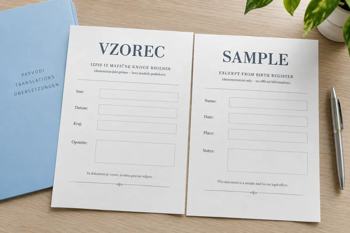 Ilustrativni vzorec za prevod rojstnega lista, označen VZOREC